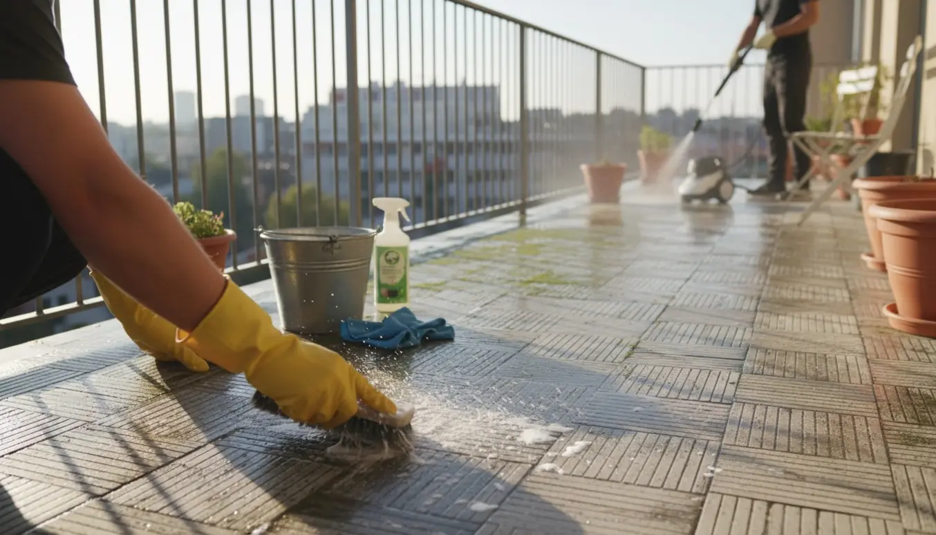 Hænder skrubber alger væk fra altanfliser med børste, mens en anden altan skylles med en højtryksrens i baggrunden.