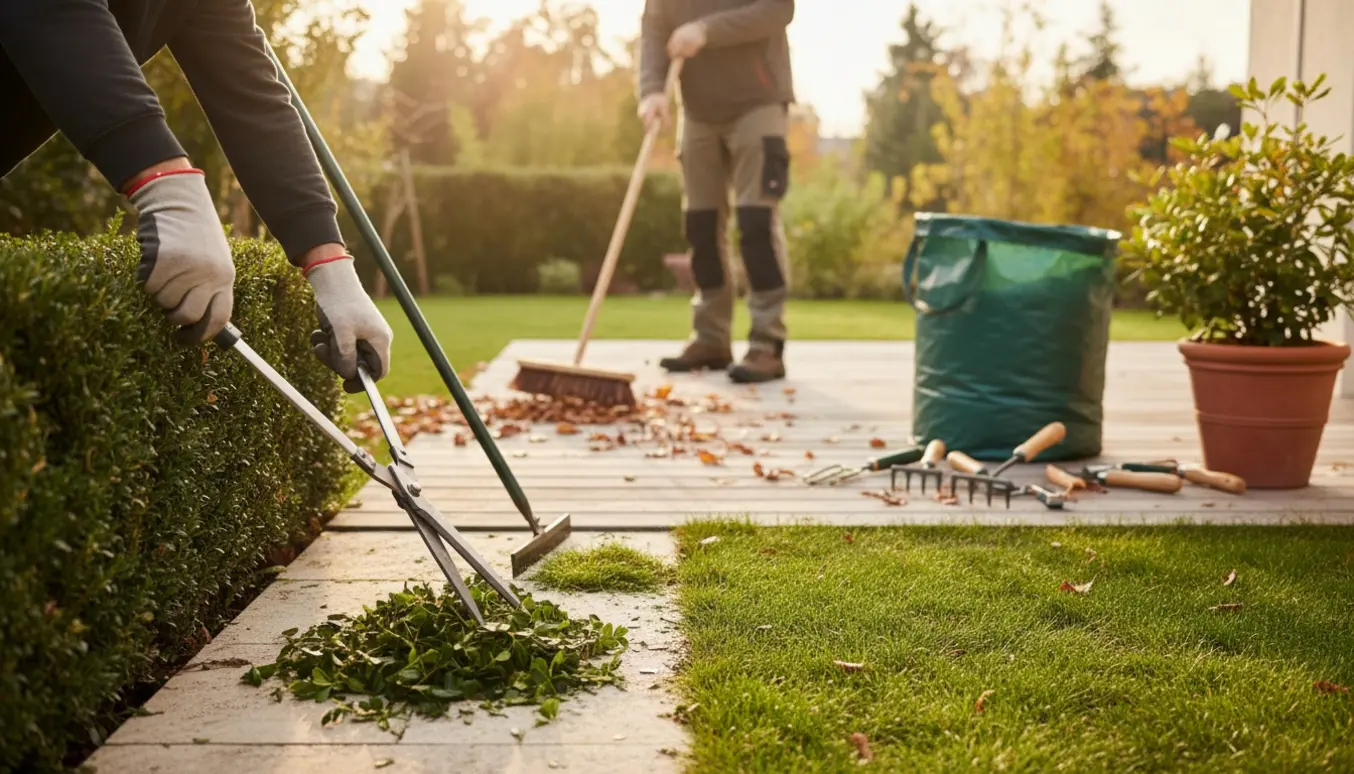 Person set fra skuldrene ned klipper hæk og fejer blade på en terrasse med haveredskaber.
