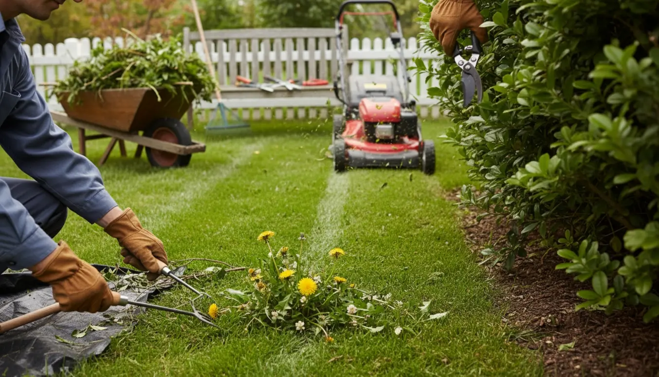 Hænder trimmer hæk, fjerner ukrudt og en plæneklipper skærer frisk græs i en velplejet baghave.