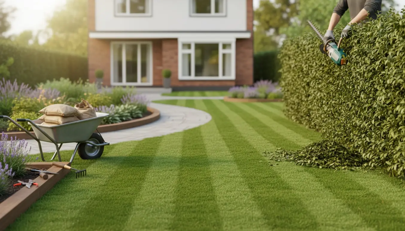 Privet-hæk og forhave under beskæring og opfriskning med plæneklipper, rive og trillebør.