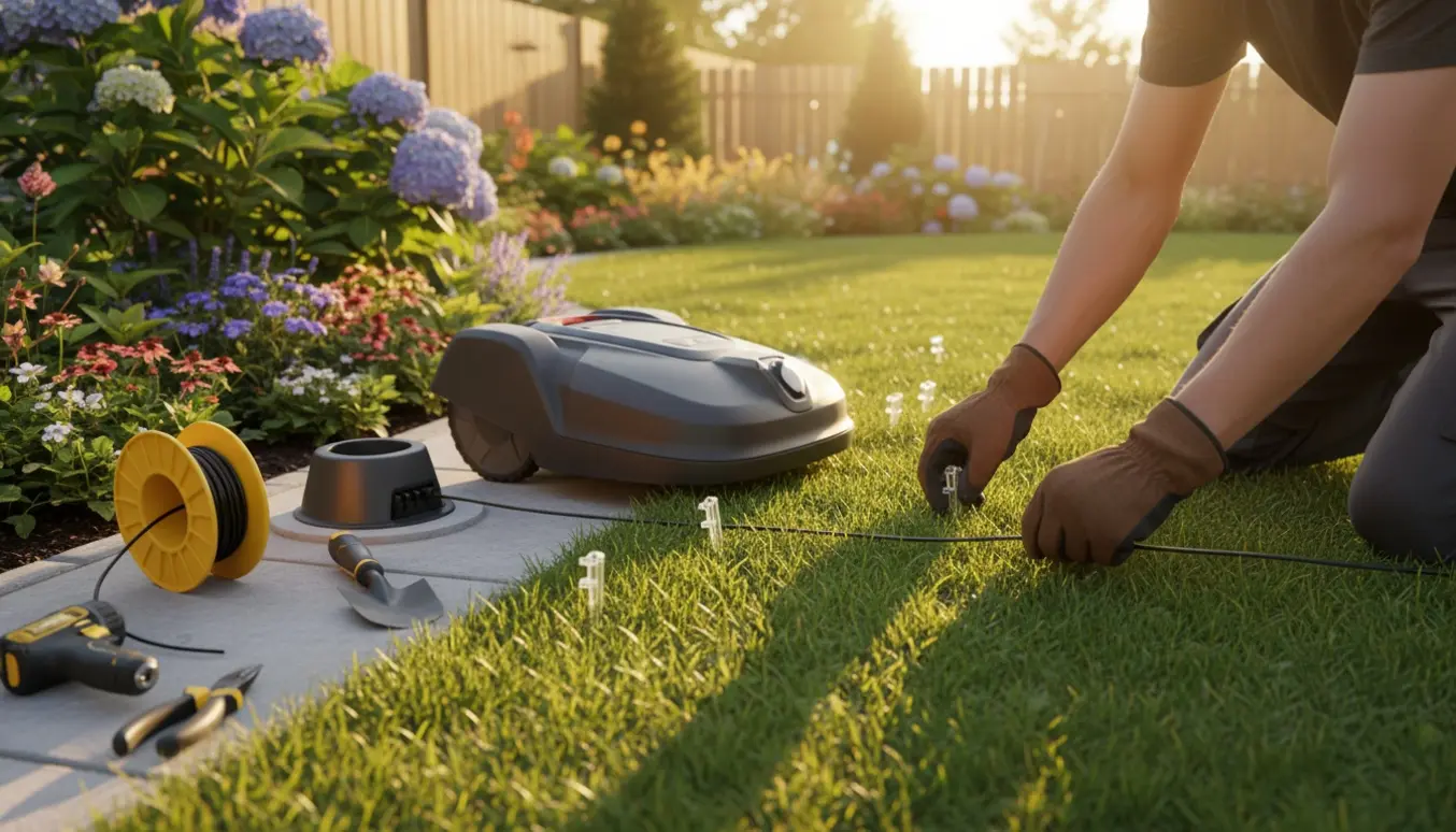 Robotplæneklipper monteres i en lille have med base, kabelrulle og hænder, der fastgør afgrænsningskabel.