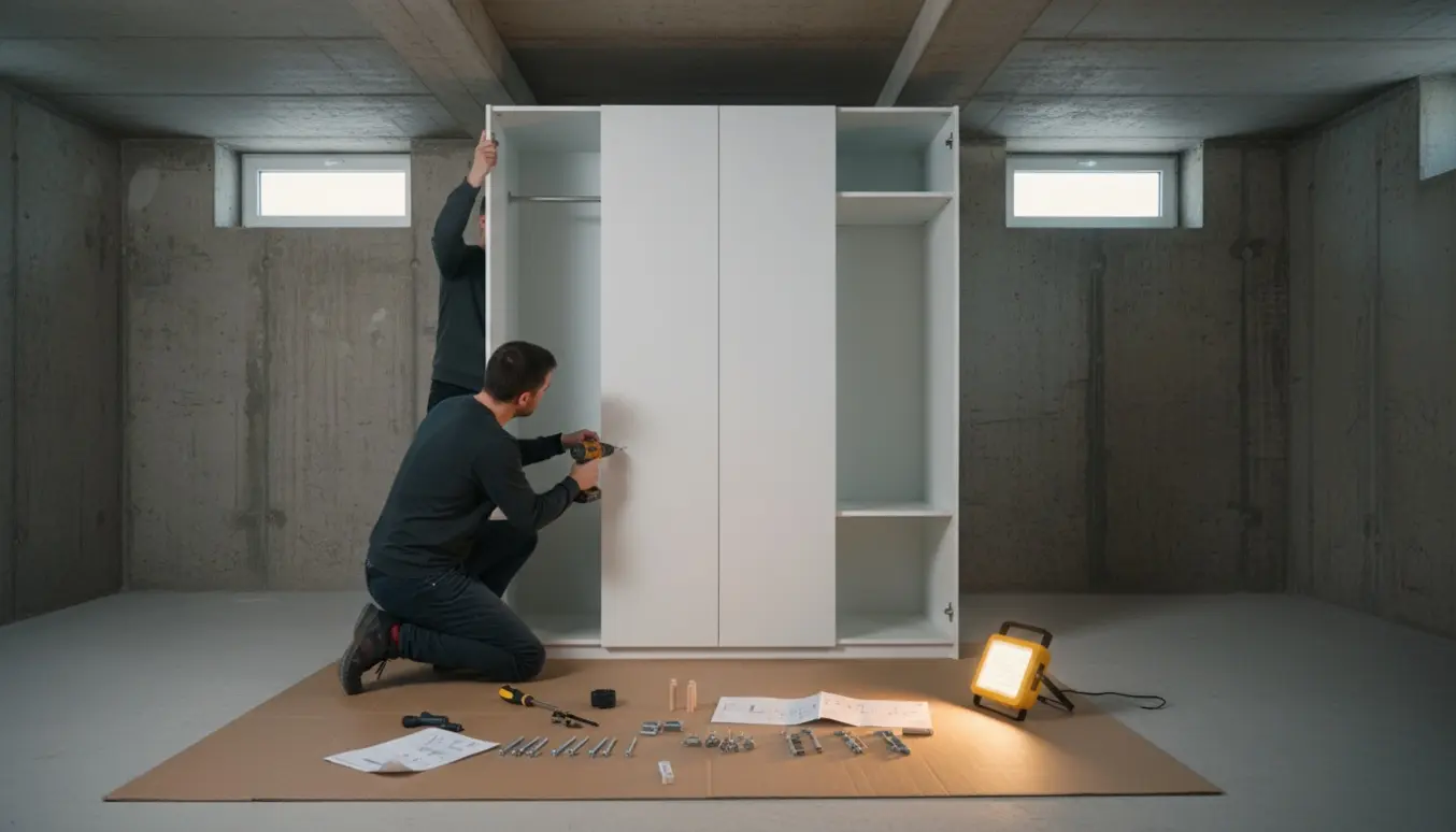 To personer samler et stående fladpakket garderobeskab i en lav kælder med hængslede låger.