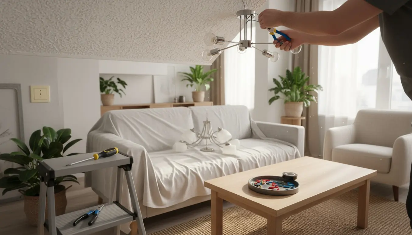 Hænder på en stige monterer en ny loftslampe i en lys og ryddelig stue med værktøj klar.