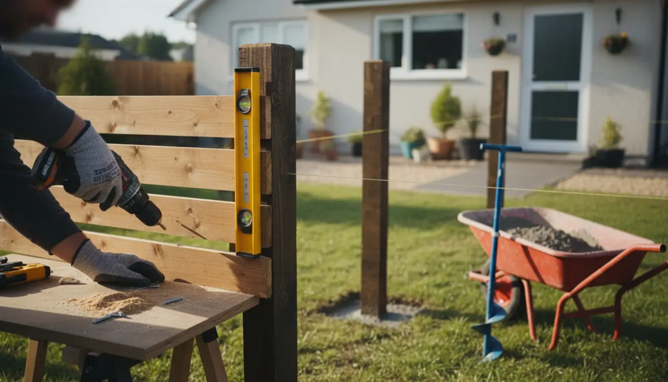 Opsætning af et træprofilhegn og en låge i en lille forhave med værktøj og håndværkerhænder i fokus.