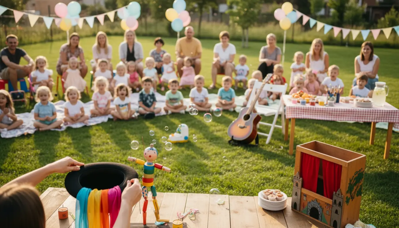 Børn og forældre samlet på græsset til en solrig børnehavefest med en optrædende kunstner, balloner og bunting.