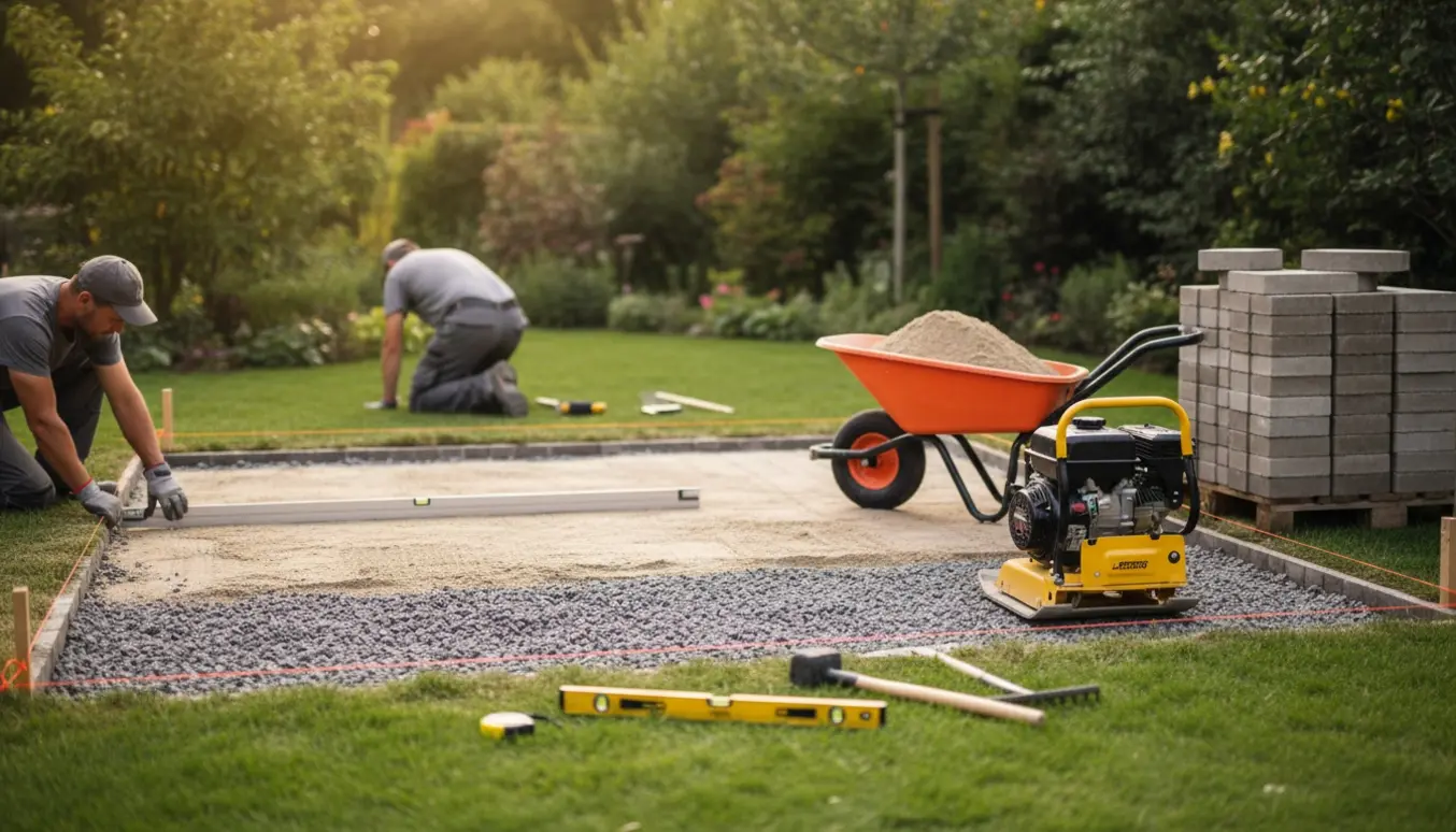 Udgravet haveareal klar til fliselægning med grus- og sandlag, stak fliser og værktøj.