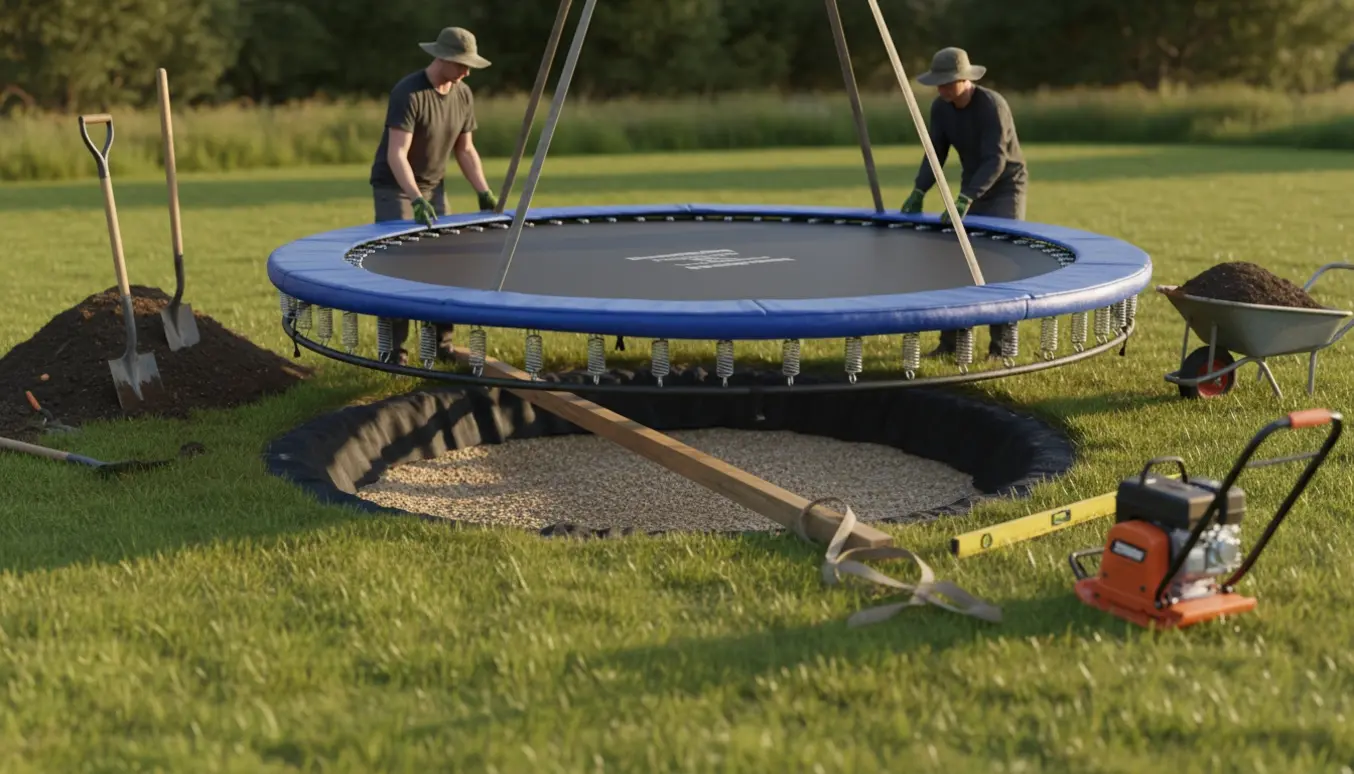 Trampolin sænkes ned i en rund havegrav med værktøj og løs jord omkring.