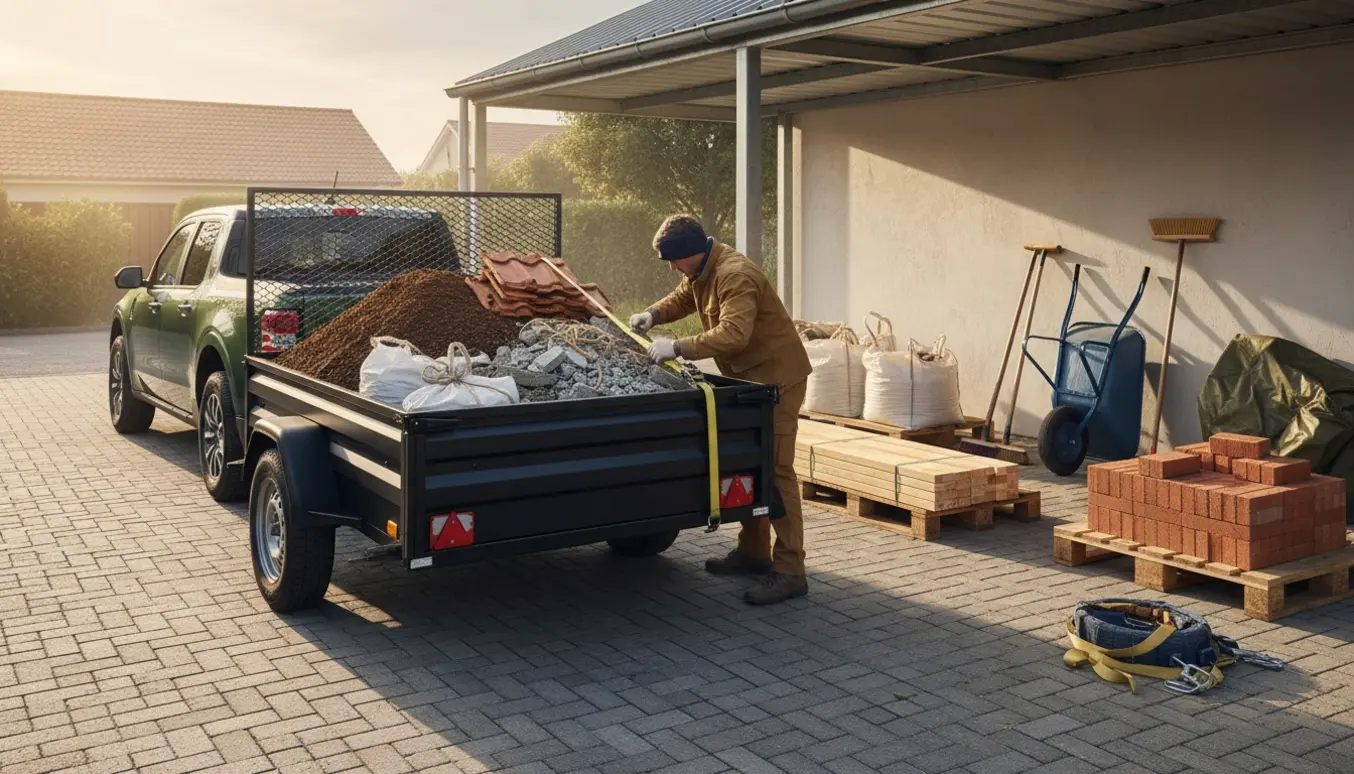 Traileren og carporten fyldt med sorteret jord og byggeaffald klar til aflevering på lossepladsen.
