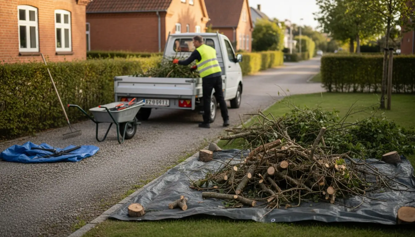 Haveaffald med grene, kviste og små træstubbe samlet ved en indkørsel i Kolding, klar til afhentning.