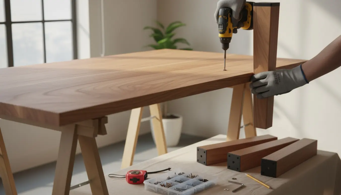 Hænder skruer et nyt bordben fast under en træbordplade med værktøj og de tidligere ben lagt til side.