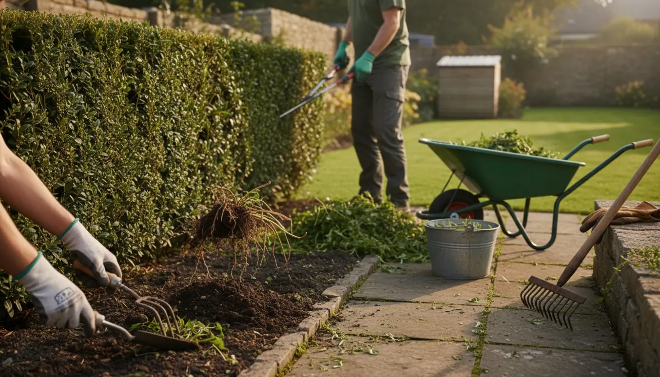 Nærbillede af hænder iført handsker, der luger ukrudt og en person, der klipper en hæk i en solrig have med opsamlet grøntaffald.