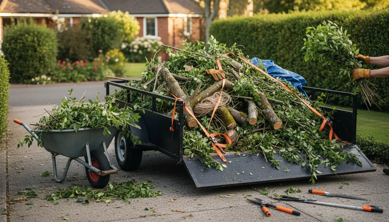 Trailer fyldt med beskårne hække, grene og træstammer klar til bortkørsel fra haven.