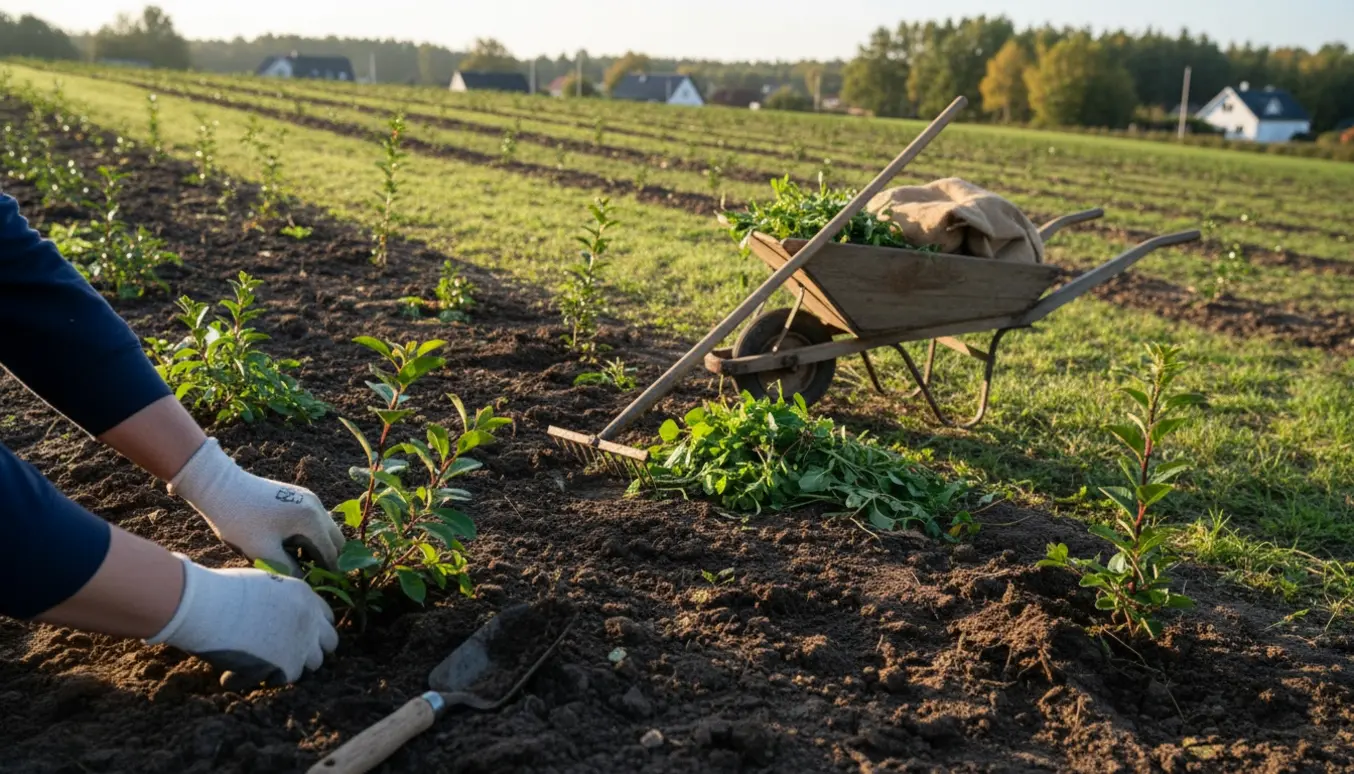Luget skråning i Vejle med unge aroniasbuske, haveredskaber og en trillebør.