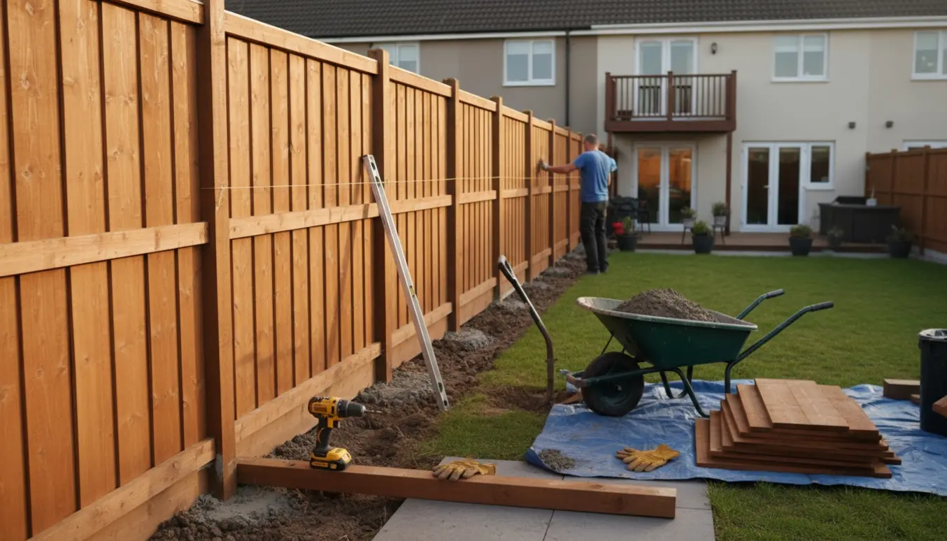 Opsætning af 180 cm højt træhegn i baghaven med værktøj og håndværkere set bagfra.