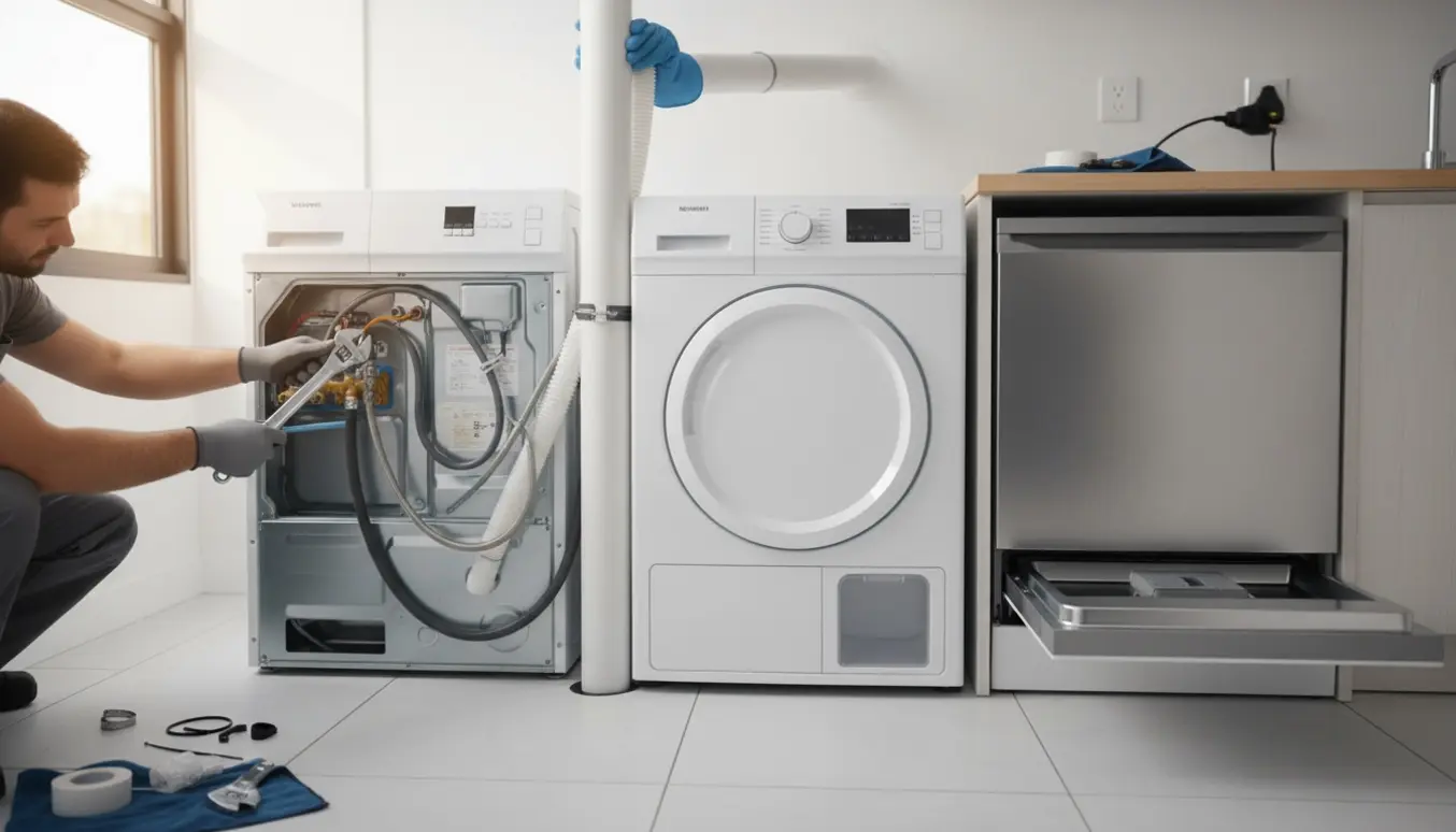 Hænder tilslutter vandslanger og elkabel på en vaskemaskine ved siden af en kondensvandtørretumbler og opvaskemaskine.