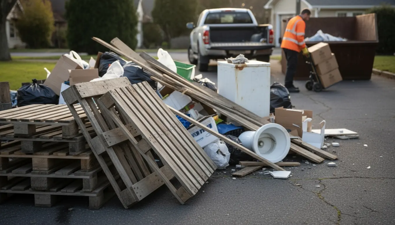 Tre EU-paller og usorteret renoveringsaffald ved indkørsel klar til bortskaf­felse.