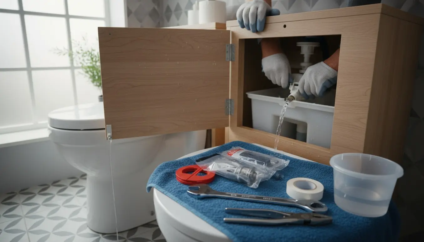 Hænder reparerer en skjult toiletcisterne i en åben trækasse med værktøj og dryppende vand.