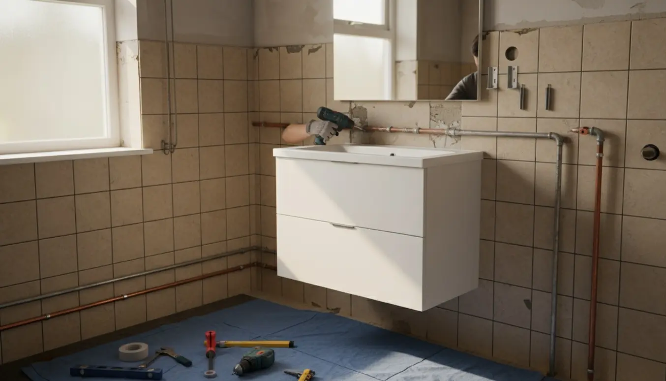 Montør monterer et lille hvidt badeværelsesskab og spejl i et ældre badeværelse med synlige rør.