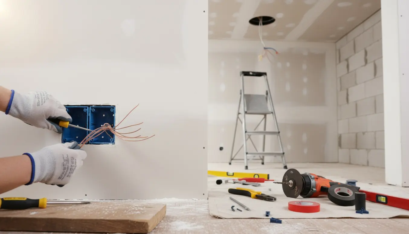 Håndværker monterer en stikkontakt i en gipsvæg, med lampeudtag synligt i loftet og værktøj omkring.