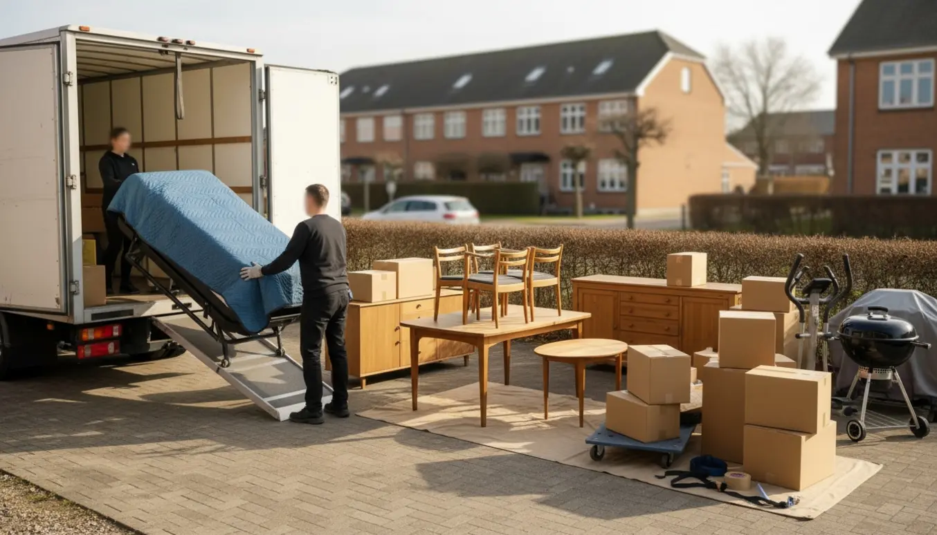 Varebil bliver læsset med møbler og flyttekasser i en solrig indkørsel under en flytning.