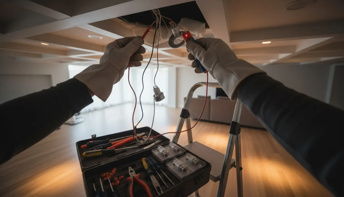 Hænder i isolerede handsker fejlfinder en defekt lofts-spot på en stige med værktøj og åben værktøjskasse i rummet.