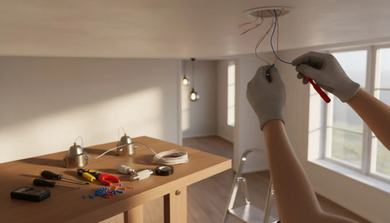 Nærbillede af hænder, der monterer en loftlampe med værktøj og en allerede ophængt lampe i baggrunden.