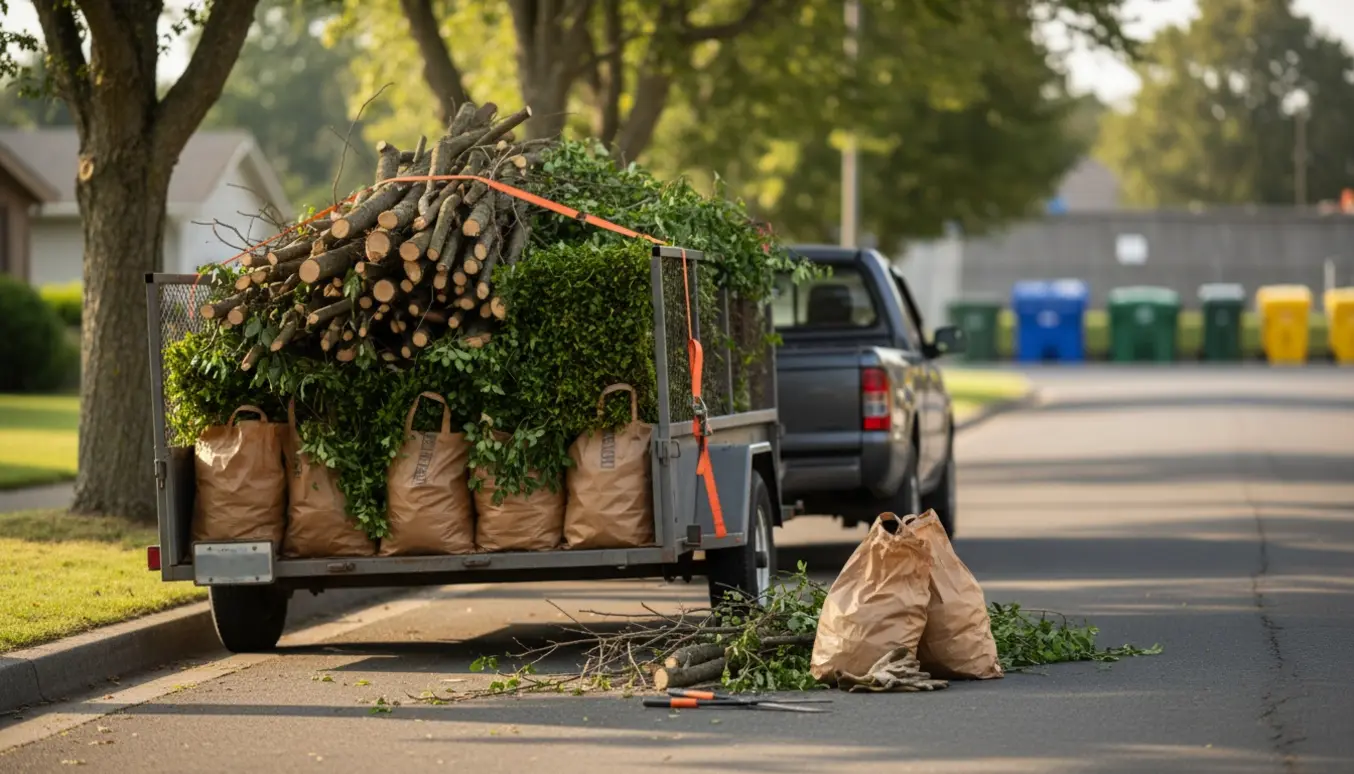 En åben trailer ved vejkanten fyldt med afklippede grene og sække klar til kørsel til genbrugspladsen.