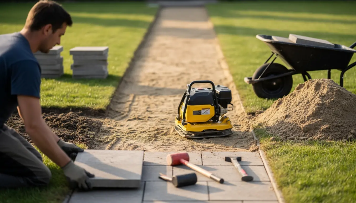 En 90 cm bred gangsti under anlæg med bunker af gamle fliser, sand og en person bagfra, der lægger nye rektangulære fliser.