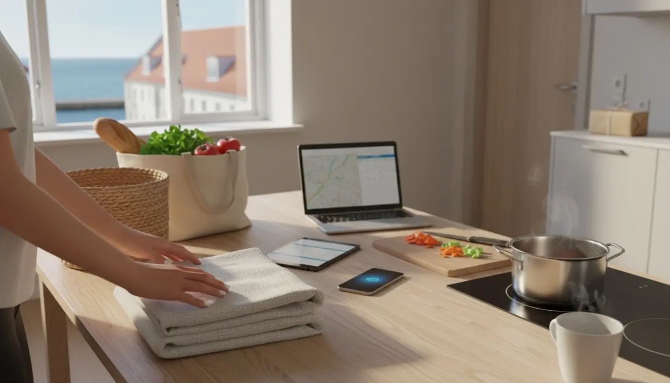 Personlig assistent folder tøj og forbereder mad i en lys københavnsk lejlighed.