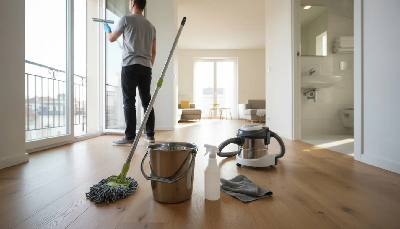 Rengøringsperson pudser balkondør og tørrer vask i en lys, ny 3-værelses lejlighed med rengøringsudstyr i forgrunden.