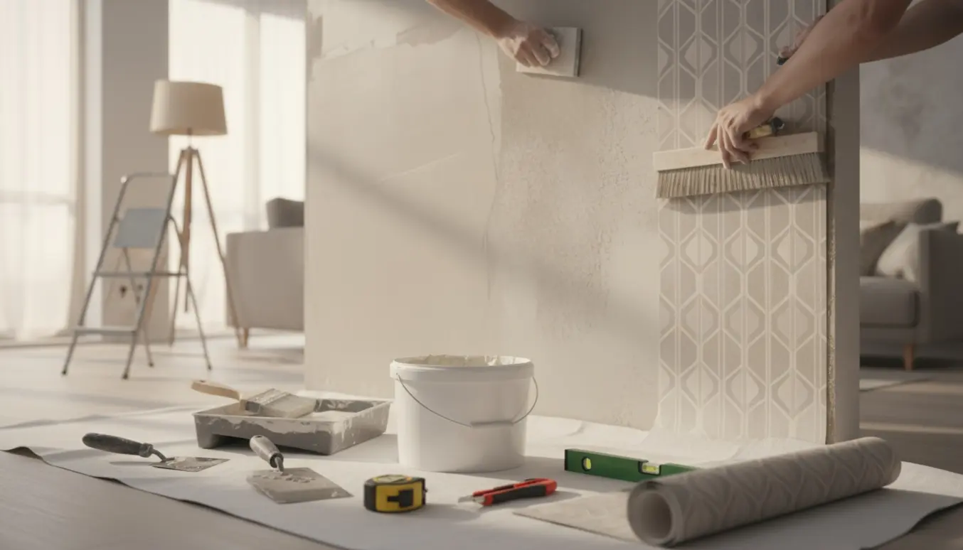 Reparation af væg med fuldspartling, slibning og delvis opsat tapet i et lyst rum.