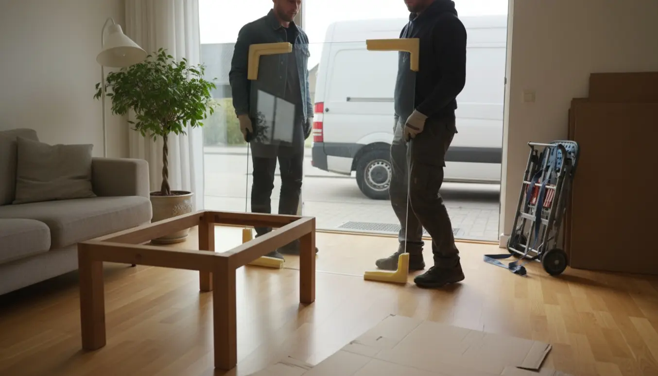 To personer bærer en stor glasplade ud af en stue mod en flyttebil, med beskyttelse og handsker.