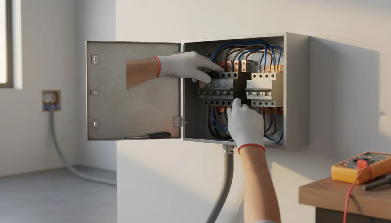 Åbent eltavleskab hvor hænder monterer en ny 380V trefaseafbryder og to 220V grupper med værktøj og kabler i nærheden.