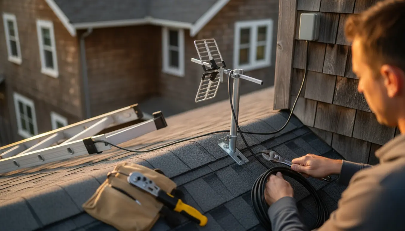 En montør justerer en lille digital antenne på taget mellem to huse med værktøj og koaksialkabel synligt.