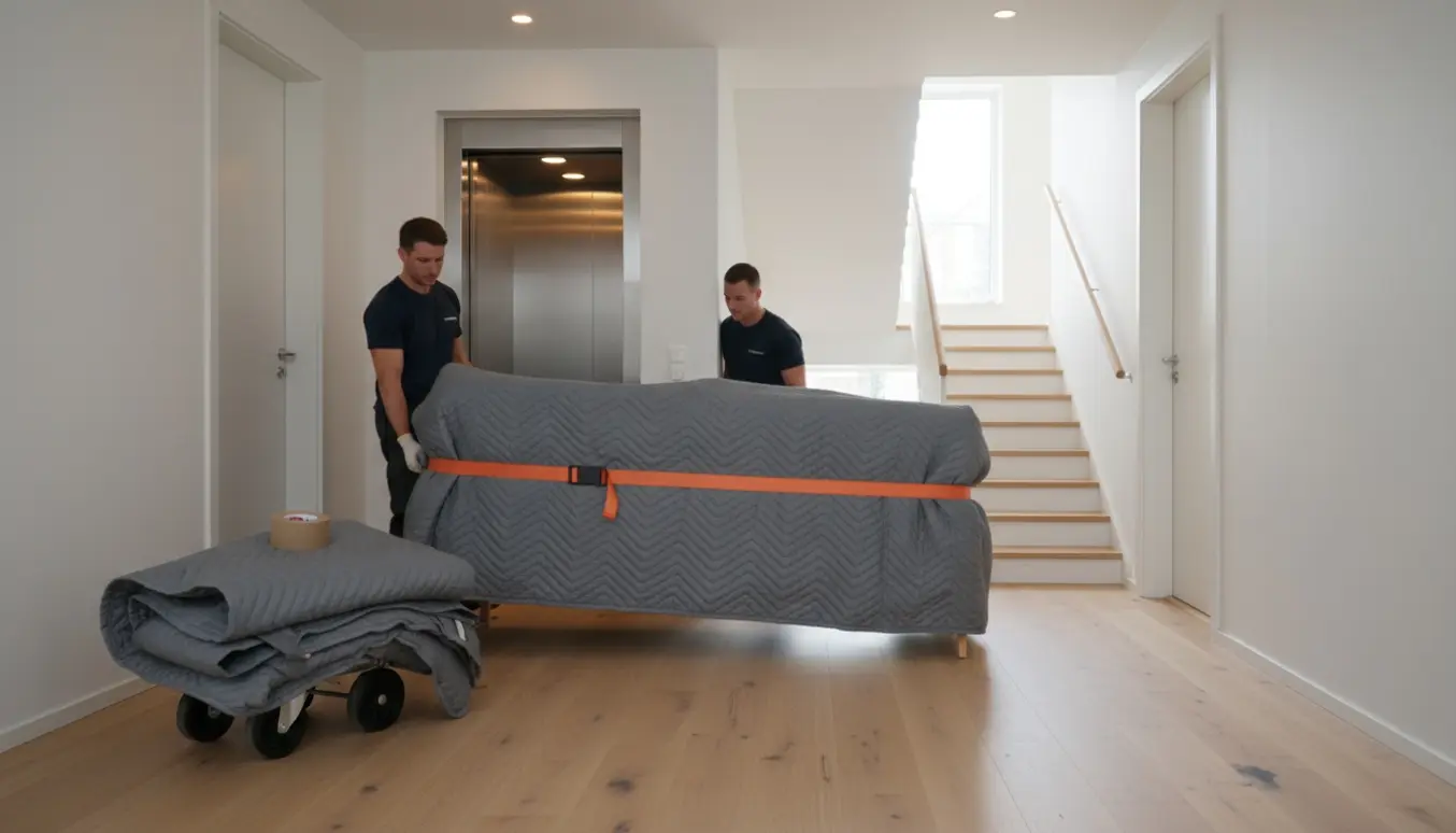 To personer bærer en indpakket sofa gennem en nordisk lejlighedskorridor mod en åben elevator.