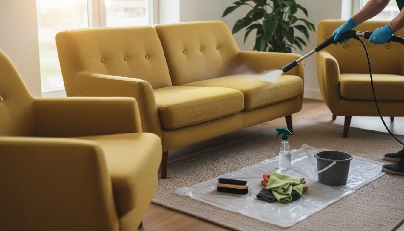 Hænder rengør pletter på gul Hallingdal-uldsofa og stole med en ekstraktionsrenser i en lys stue.