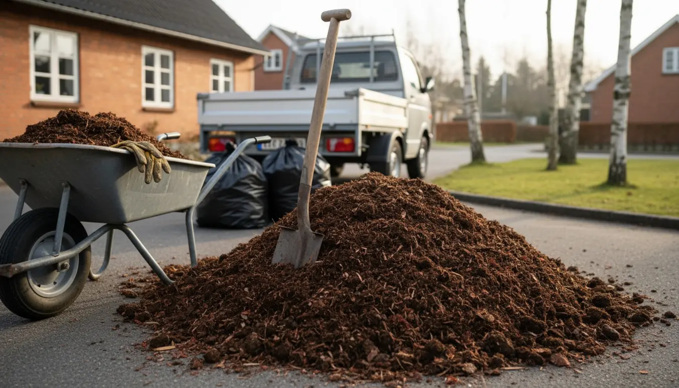 Bunke jord blandet med barkflis ved en indkørsel med trillebør og lastbil klar til afhentning.