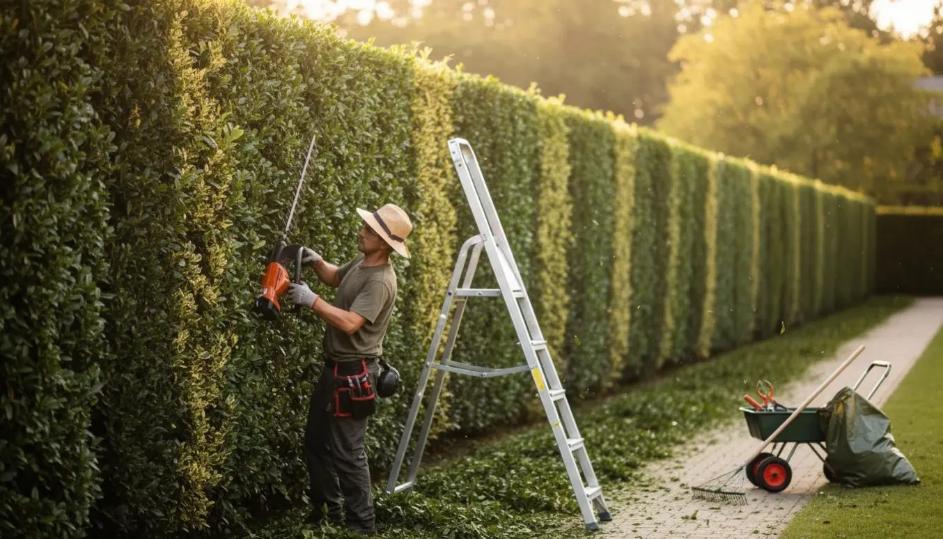 Gartner trimmer en lang, velplejet hæk med hækkeklipper og bunker af afklip.