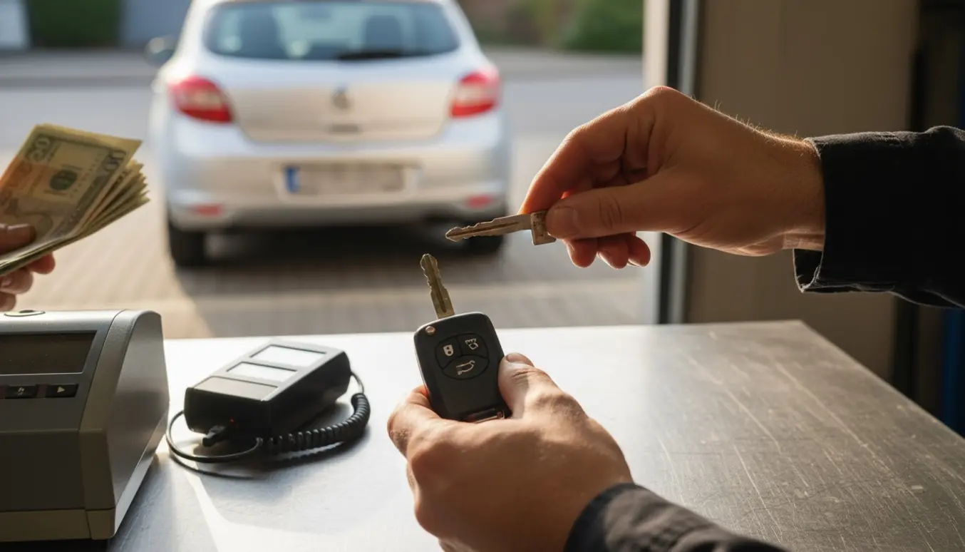 Nærbillede af hænder, der får lavet en kopi af en bilnøgle med fjernbetjening ved en låsesmed, med kontanter og en hatchback i baggrunden.