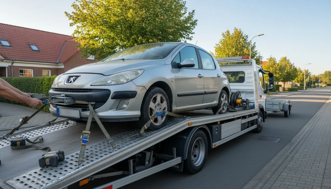 En autotransport laster en defekt Peugeot 308 på en fladvogn på en rolig vej, mens tekniker spænder hjulstropper.
