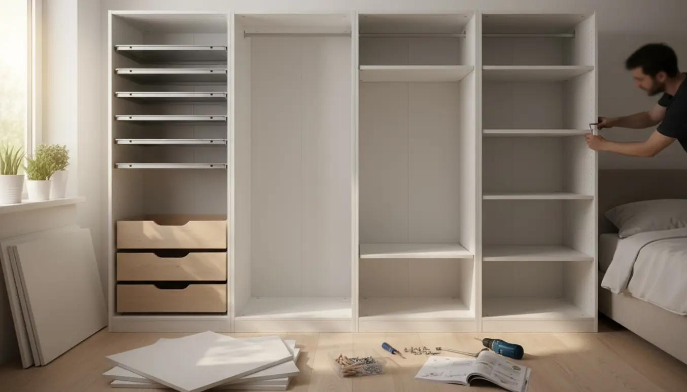To hvide garderobeskabe under samling med skuffer, hylder og værktøj på gulvet.