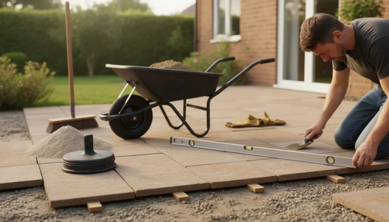 Uden synligt ansigt retter en person fliser op med skovl, sandbunke, vibertamper og værktøj på en terrasse.
