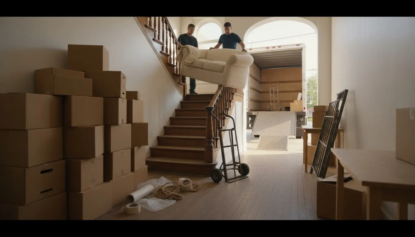 Flyttefolk bærer en sofa og stabler flyttekasser fra en lejlighed mod en ubranded flyttebil ved fortovet.