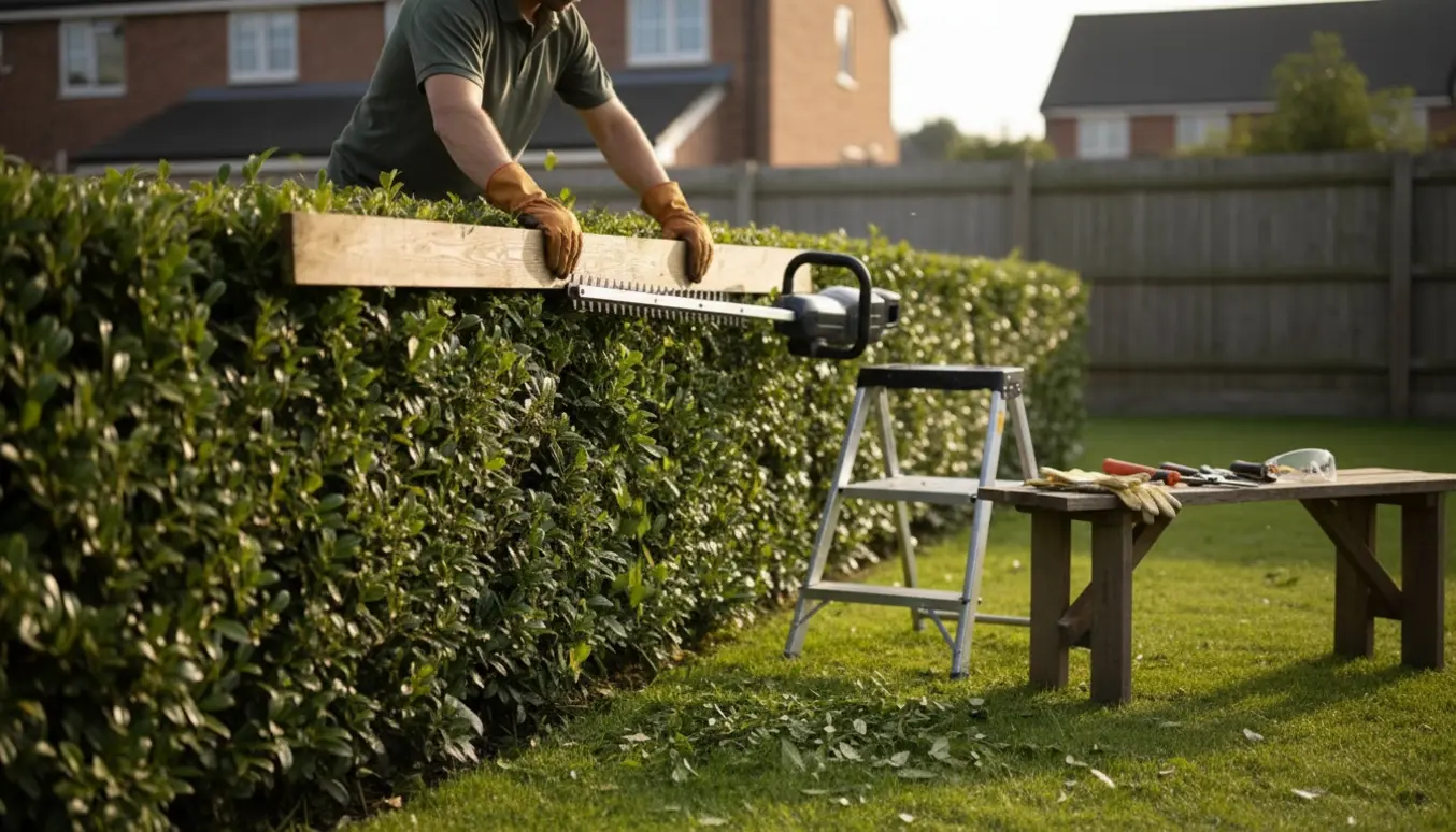 Tæt foto af en hæk, hvor toppen rettes med en træplanke som guide og en hækkeklipper i en solrig have.