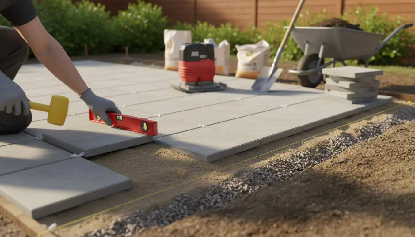 Nærbillede af anlæg af ca. 6 m² terrasse med 30x30 cm fliser, værktøj og forberedelse på sand- og grusbund.