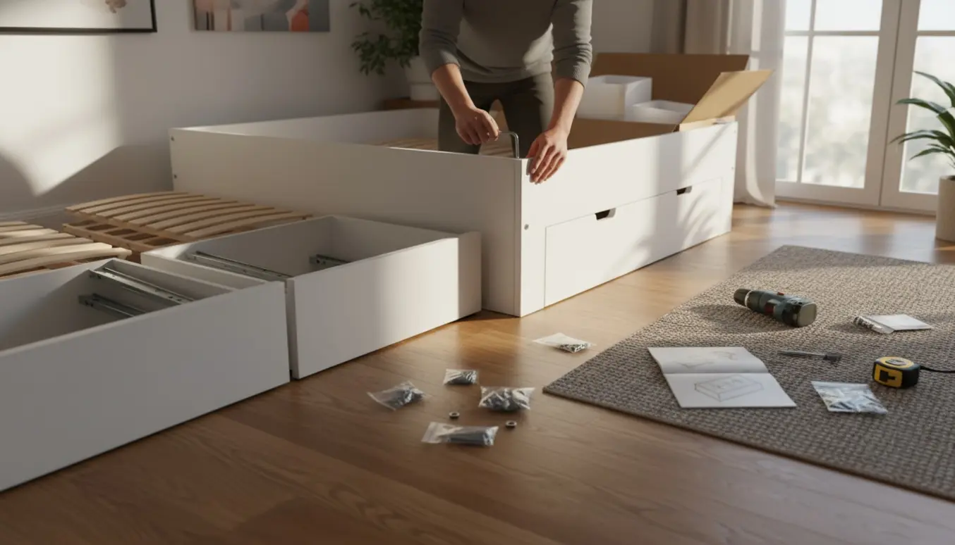 Hænder samler en hvid BRIMNES sovesofa med skuffer i en lys stue med værktøj og dele omkring.