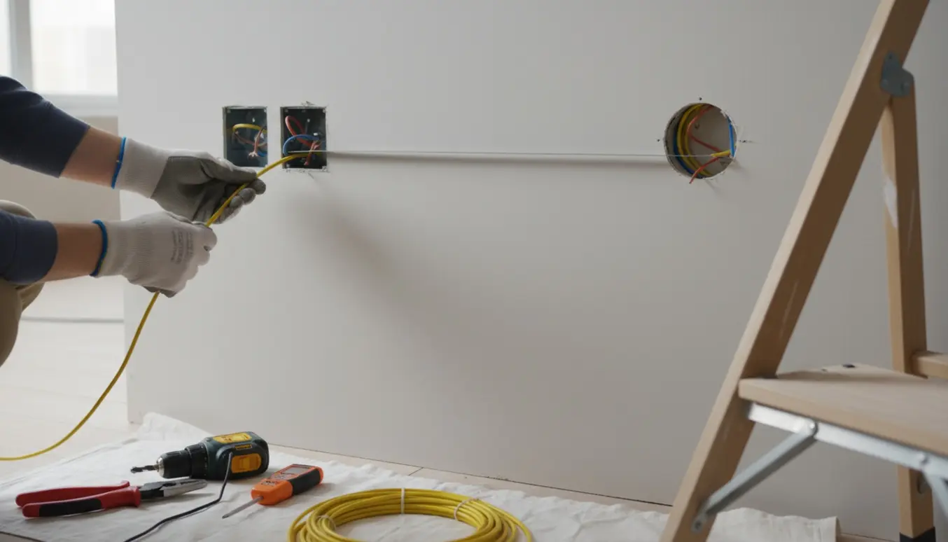 Nærbillede af handsker, der trækker elkabel ind i en udskåret gipsvæg til to væglamper.