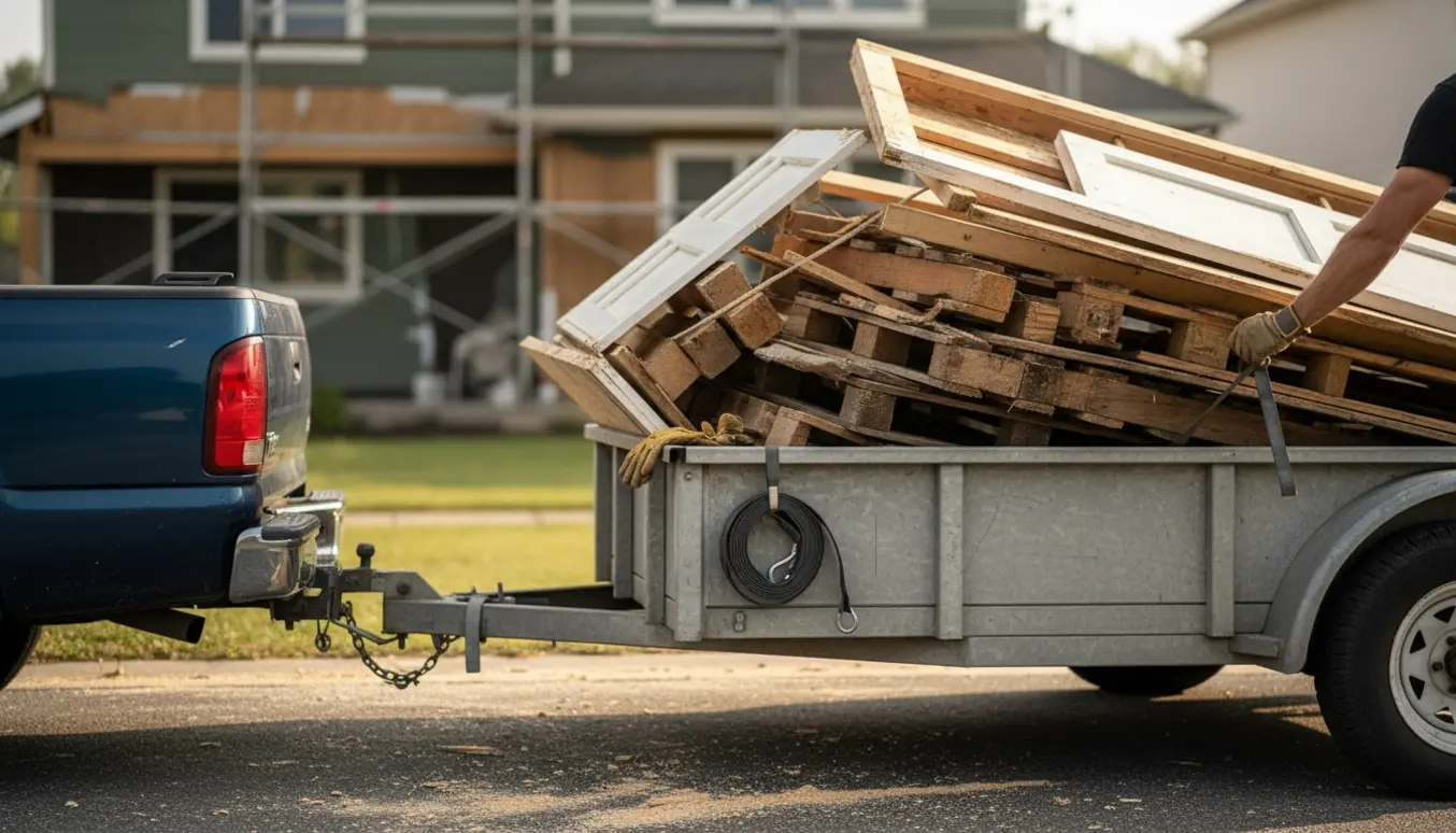 Åben trailer fyldt med byggetræ og værktøj ved et hus under renovering.