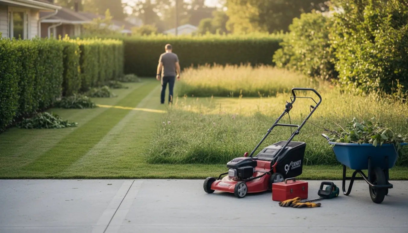 Delvist slået græs og ubeskårne buske med havemateriel på indkørslen og husejer set bagfra uden værktøj.