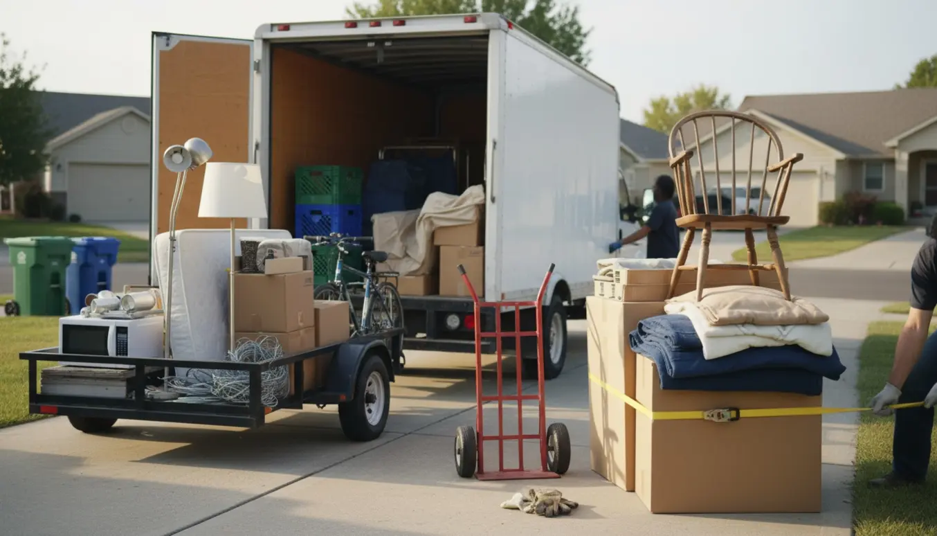 Stor kassevogn og trailer læsset med møbler og diverse genbrugsgenstande i en indkørsel, klar til bortkørsel.